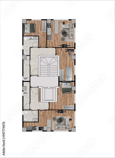 Obraz Floor plan of modern apartment with 2 flats. Top view. Architectural drawing, plan rendering, coloured and furnished. Plan illustration.