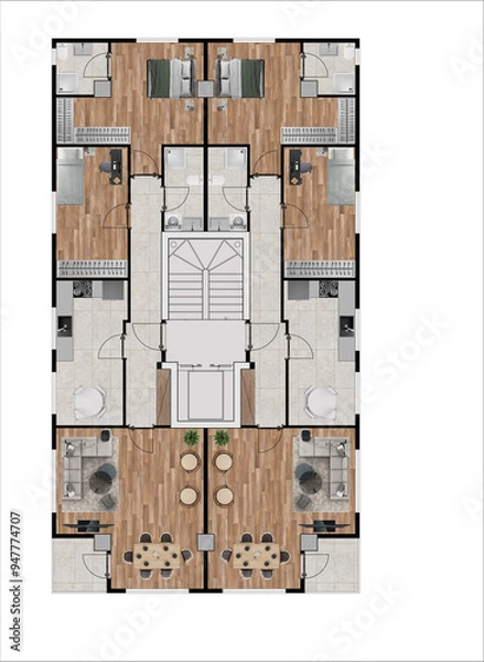 Fototapeta Floor plan of modern apartment with 2 flats. Top view. Architectural drawing, plan rendering, coloured and furnished. Plan illustration.