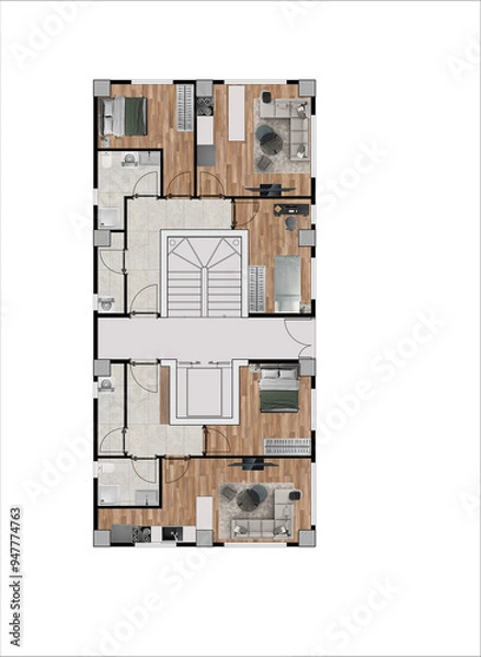 Obraz Floor plan of modern apartment with 2 flats. Top view. Architectural drawing, plan rendering, coloured and furnished. Plan illustration.