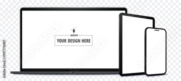 Fototapeta Laptop Computer, Tablet PC and Mobile Phone Mockup. Digital devices screen vector illustration  template with transparent background.