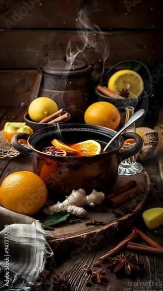 Obraz a steaming pot of Mulled wine, on a rustic wooden table with natural lighting