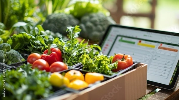Fototapeta Fresh Harvest Tablet with FarmtoTable Delivery App and Fresh Vegetables