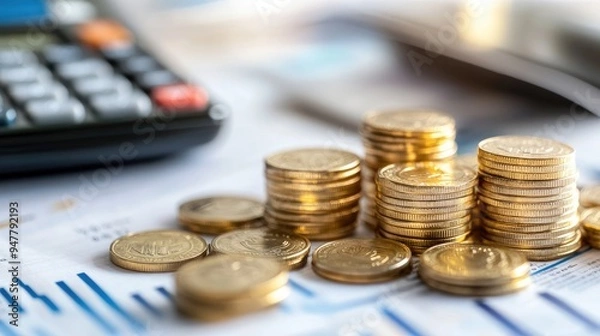 Fototapeta Coins and calculator on financial documents for saving money planning