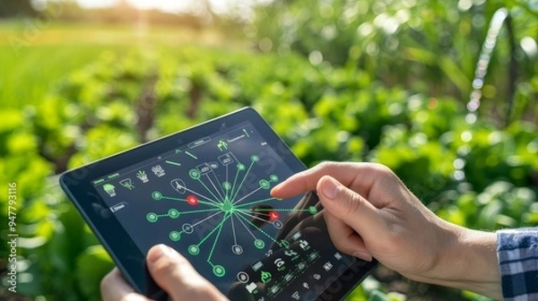 Fototapeta Smart Technology in Action Hands on Tablet Adjusting Irrigation Controller in Lush Green Field
