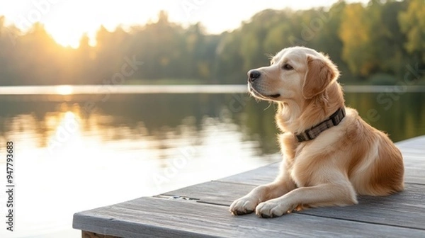 Fototapeta Dog sitting on a dock by the lake, enjoying a peaceful afternoon