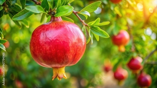 Obraz Pomegranate hanging from branches of a tree, pomegranate, fruit, tree, fresh, organic, ripe, healthy, agriculture, Mediterranean