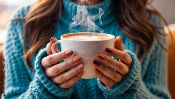 Obraz Close-up of a woman's hands in a turquoise sweater holding a cup of cappuccino. She has a perfect manicure in autumn shades, showcasing a cozy fall vibe with warm, inviting tones