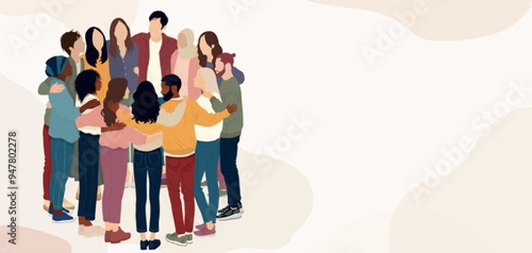 Obraz Group of people in circle from diverse cultures hugging each other.Teamwork and cooperation.Community of friends or volunteers committed to social issues for peace and the environment