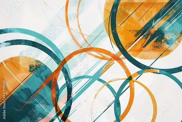 Obraz Minimalist abstract art with intersecting bold lines and circles, vibrant teal and orange colors, creating a sense of motion on a clean, white background.