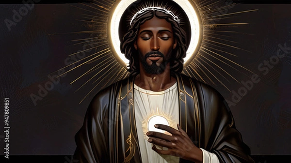 Obraz Portrait of Black Jesus Christ with a glowing halo and divine rays of God’s light in a spiritual background new beautiful stock image illustration AI