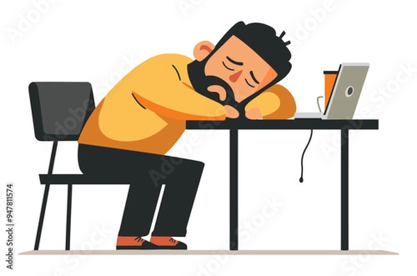 Obraz Working Man Sleeping on Desk. Flat Vector Illustration