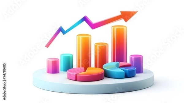 Fototapeta 
lying composition 3d icon, UI icon, a chart icon, bar chart has a rising arrow on it, bar chart, pie chart, a rising arrow, frosted glass, transparent, white background, transparent technology sense