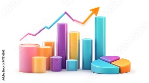 Fototapeta 
lying composition 3d icon, UI icon, a chart icon, bar chart has a rising arrow on it, bar chart, pie chart, a rising arrow, frosted glass, transparent, white background, transparent technology sense