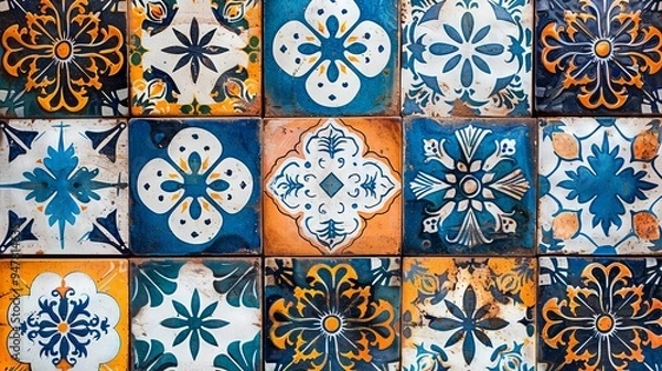 Obraz Vibrant ceramic tiles featuring detailed blue, orange, and white patterns form an intricate design. The background includes space for text.