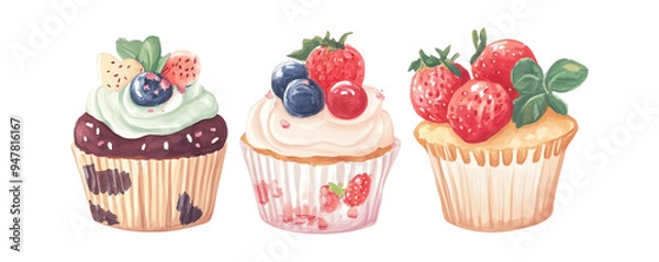 Fototapeta Delicious and colorful cupcakes topped with fresh berries, perfect for any celebration or dessert table.
