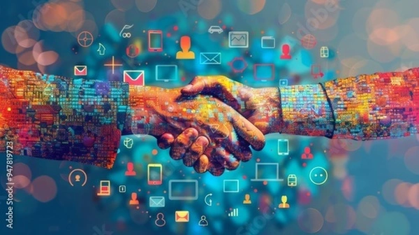 Fototapeta Entrepreneurial Unity Vibrant Mosaic Handshake Embracing Startup Success