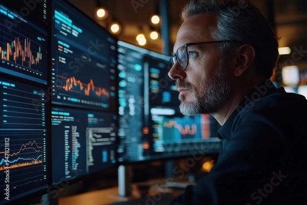 Fototapeta Focused analyst examining data trends on multiple screens in a modern office environment, showcasing technology and analysis.