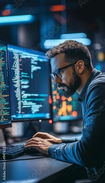 Fototapeta Focused Software Developer Working Late, Programming, Technology, Cybersecurity Concept.
