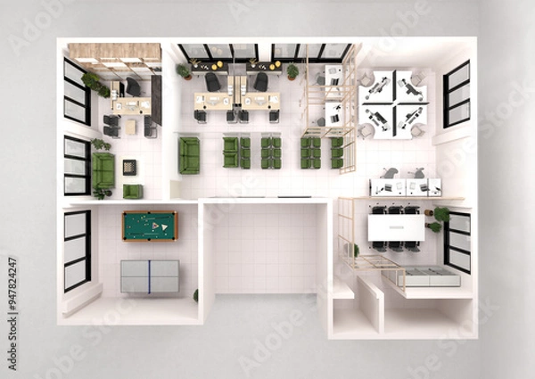 Obraz Office design with office rooms, manager room, meeting room, waiting room and leisure area. 3d illustration. Top view. 3d plan office