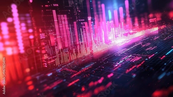 Fototapeta Vibrant abstract digital landscape with colorful light bars and futuristic patterns, ideal for tech and design projects.