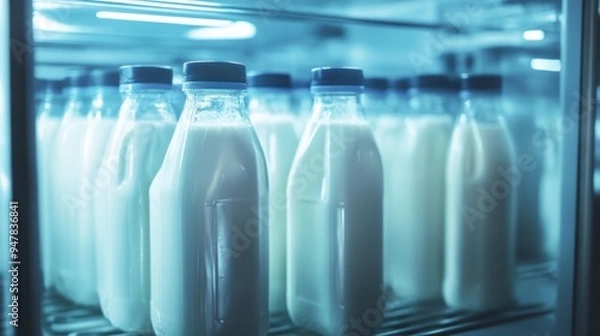 Obraz Milk Bottles in a Refrigerator