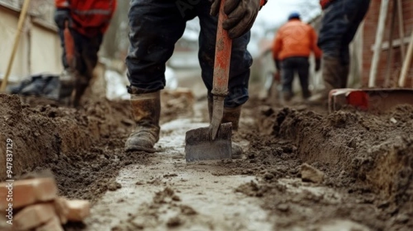 Obraz Construction Workers Digging a Trench