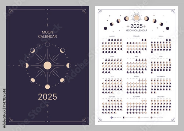 Fototapeta Pocket calendar of moon phase for 2025, lunar cycle planner template. Lunar phase calendar, astrological moon phases calendar banner, poster on dark night and white background vector illustration