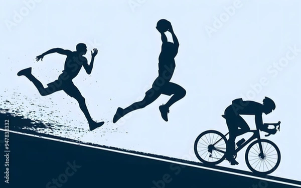 Fototapeta Silhouettes of a basketball player dunking, a runner sprinting, and a cyclist pedaling, scattered like stickers on a crisp white background.