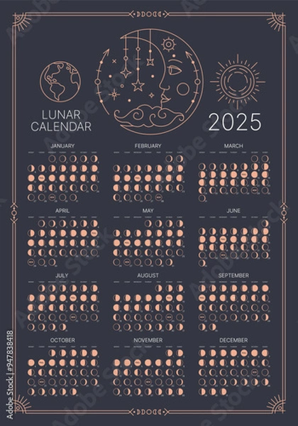Fototapeta 2025 Lunar Calendar, Moon Phase and Cycle Schedule Astrological pocket calendar design template. Lunar monthly cycle poster dark night background vector illustration