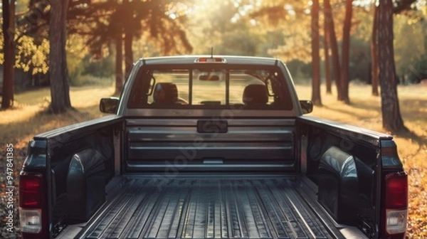 Fototapeta The open bed of a pickup truck parked in a serene forest clearing, bathed in warm, golden, late afternoon sunlight.