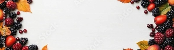 Fototapeta Berries and harvest fruits, autumn wreath design, warm seasonal colors, flat design illustration