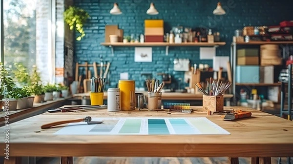 Fototapeta A well-organized home improvement workspace featuring a wooden table with tools like a hammer, measuring tape, and paint cans, surrounded by color swatches and renovation plans against a bright backdr