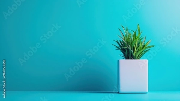 Fototapeta Fresh Turquoise Background with Potted Plant, Designed for Clean and Bright Minimalist Copyspace Settings
