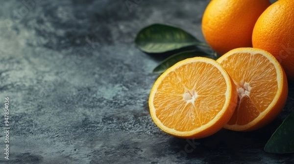 Fototapeta Freshly Sliced Oranges on a Rustic Background