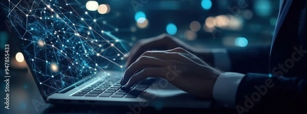 Obraz Computer technician upgrading hardware in data facility background server racks big data storage digital technology IT support telecommunication concept