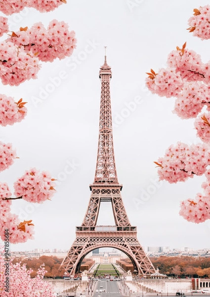 Fototapeta The Eiffel Tower framed by cherry blossoms in spring, capturing the Parisian charm.