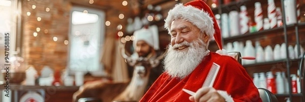 Fototapeta Smiling Senior Man Getting Beard Combed by Barber at Christmas, Festive Barbershop Experience