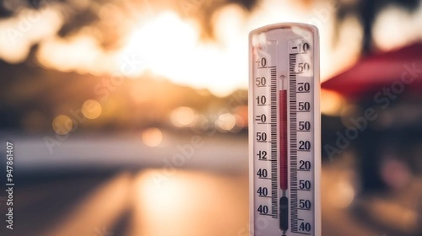 Fototapeta Hot Summer Weather: Thermometer with Sun Background, Rising Temperatures: Thermometer and Sun in Summer Heat, Summer Heatwave: Thermometer Indicating Hot Weather
