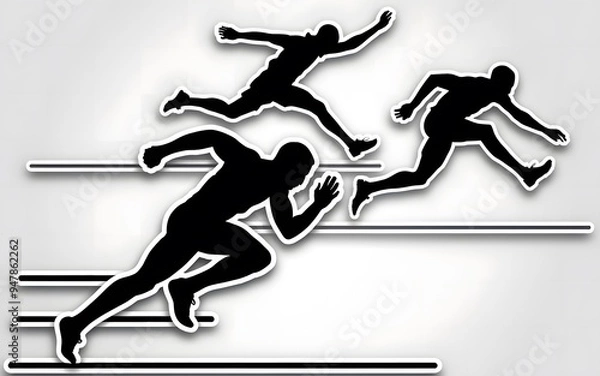 Fototapeta Silhouettes of a sprinter running, a long jumper leaping, and a hurdler jumping, placed like stickers on a white background.
