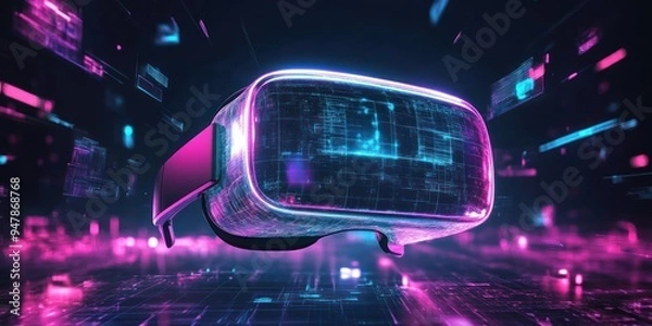 Fototapeta A futuristic virtual reality headset with glowing holographic interfaces and digital elements floating around.