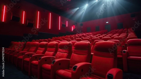 Obraz Movie theater with red seats and dramatic lighting from ceiling showcasing cinema interior and theatrical atmosphere concept