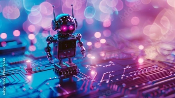 Fototapeta A small robot with glowing eyes stands on a colorful circuit board, surrounded by ethereal pink and blue bokeh lights.