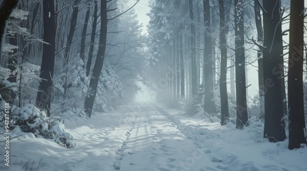 Fototapeta A misty forest path lined with tall trees covered in snow stretches into the distance, evoking a sense of quiet mystery and winter solitude.