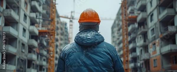 Fototapeta Dressed in warm gear, a construction worker monitors the hectic progress of high-rise buildings, with cranes reaching for the gray sky as snow gently falls around him