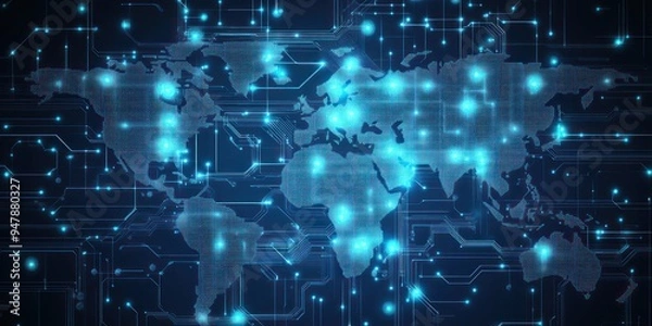 Fototapeta Abstract global technology background featuring a world map with illuminated circuit patterns.