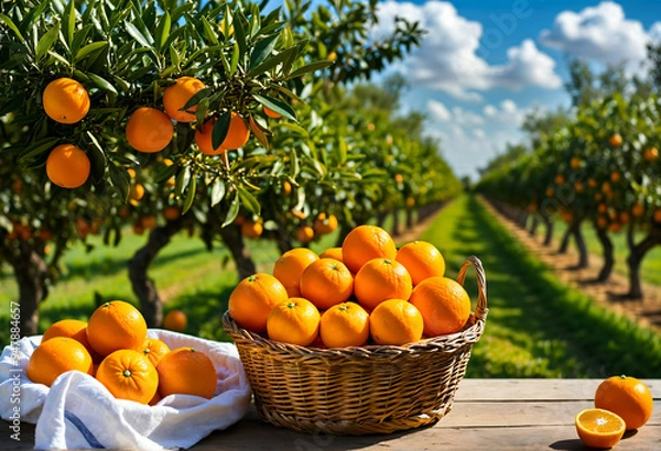 Fototapeta A basket of fresh juicy oranges in an orchard