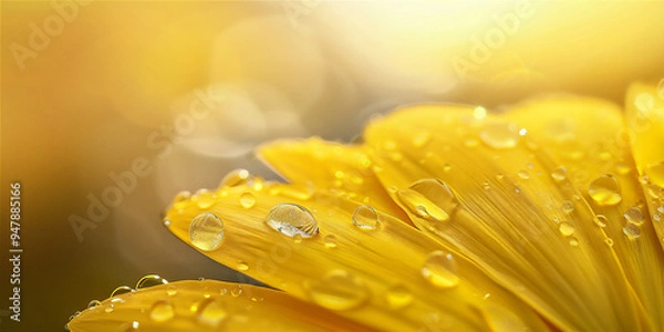 Fototapeta Droplets of water on yellow flower petal in close up, version 4