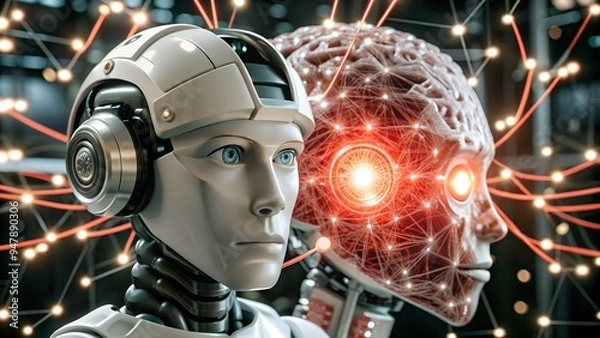 Fototapeta Artificial intelligence brain concept, Female robot face. Generative AI