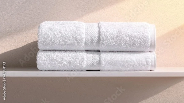 Fototapeta Plain cotton towel on a sunlit bathroom shelf, home spa and relaxation mockup