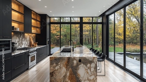 Fototapeta Modern Kitchen Island with Forest View: A sleek, modern kitchen with a large island, featuring a stunning marble countertop and a view of a forest through expansive glass doors. 